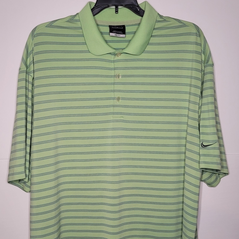 Nike Golf Shirt Mens Large Dri-Fit UV Green Stripped Polo
